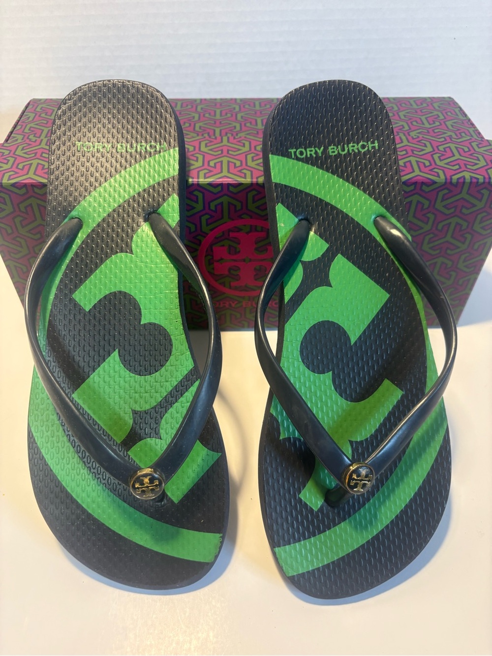 Tory Burch Black and Bright Green Logo Thong Sandals